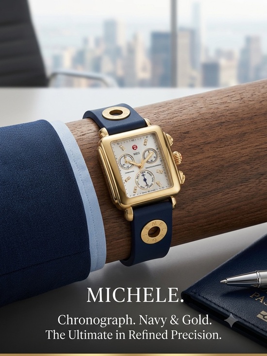 Michele Accessories - Michele Navy and Gold Square Chronograph Watch